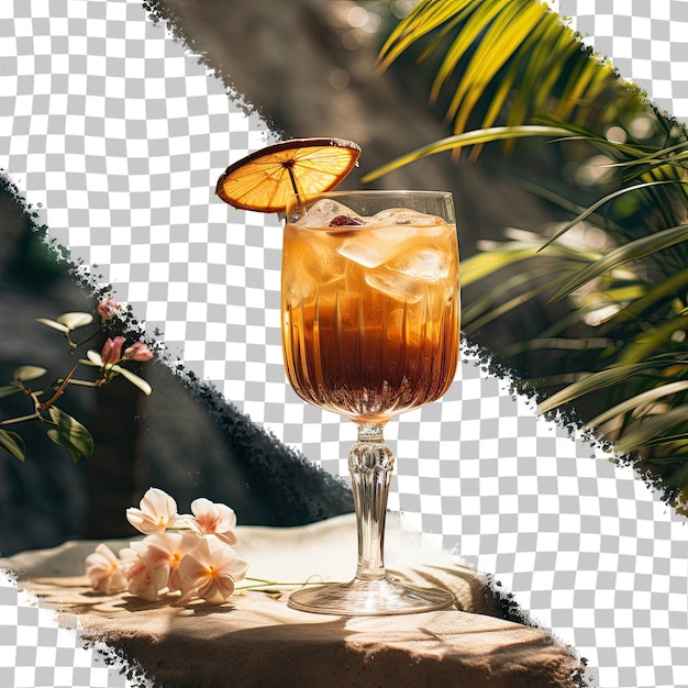 Bruin drankje in een glas op een hoge standaard in een tuin op een gladde rots gedurende de dag transparante achtergrond