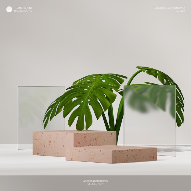 PSD bruin terrazzo blok podium in vierkante monstera plant rendering 3d van transparante achtergrond