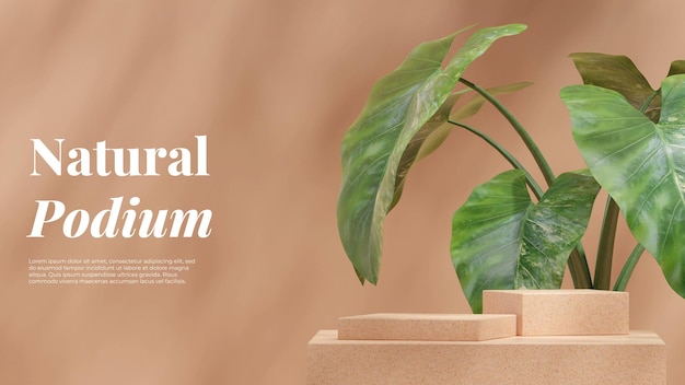 Bruin terrazzo textuur podium in landschap met groene alocasia kamerplant 3d rendering mockup ruimte