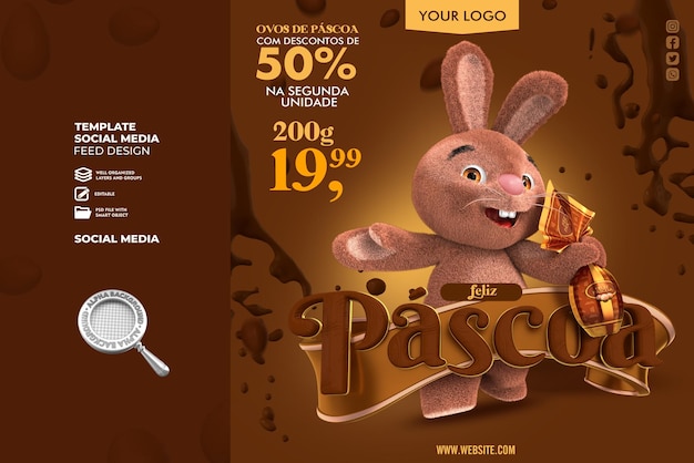 PSD bruine paashaas met decoratieve chocolade-elementen premium psd