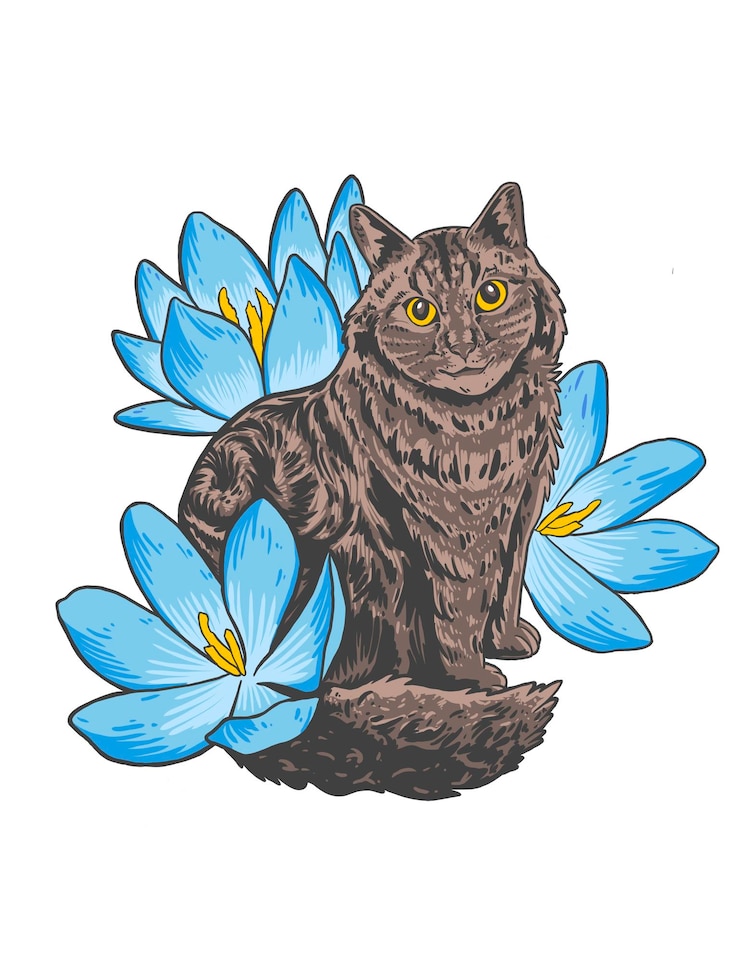 PSD brun katt med blå blomst