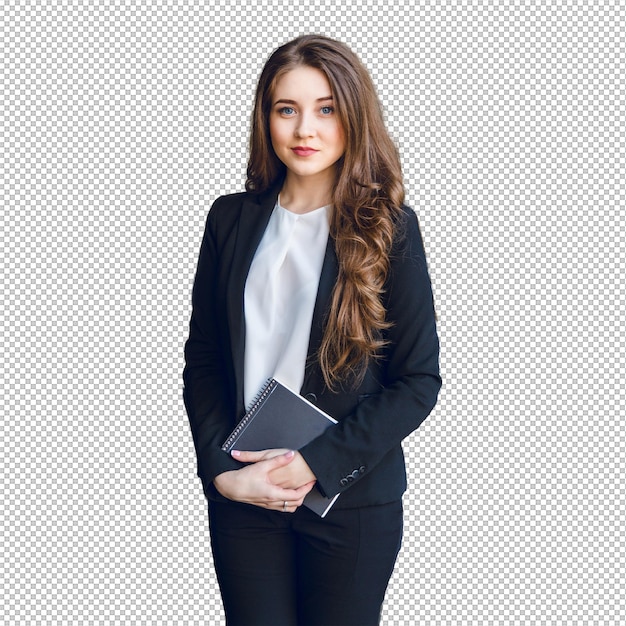 brunette business woman with wavy long hair and blue eyes stands holding a notebook in hands