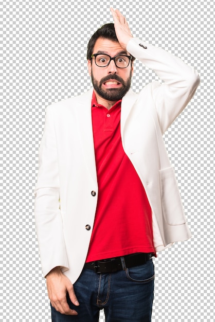 PSD brunette man with glasses having doubts