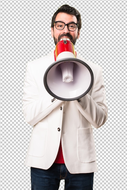 PSD brunette man with glasses holding a megaphone