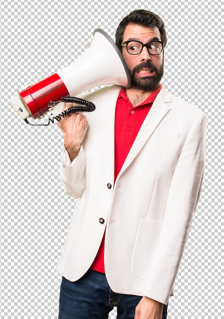 PSD brunette man with glasses holding a megaphone