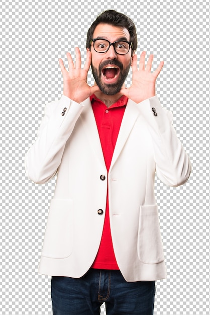 Brunette man with glasses making surprise gesture