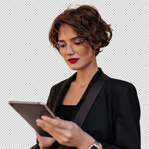 外でタブレットを持ってポーズをとっている赤い唇の茶色の女性黒い服を着て眼鏡をかけた短のスタイリッシュな女性が外でポーズを取っている