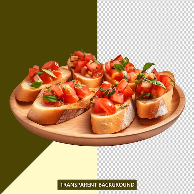 Bruschetta on wooden plate isolated with transparent background