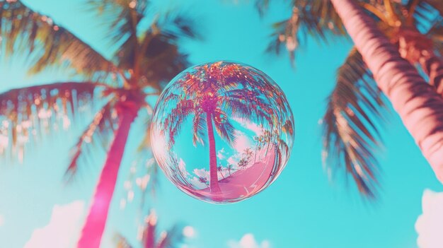 bubble reflecting palm trees against a bright sky
