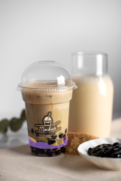 PSD bubble tea cup and tapioca pearls