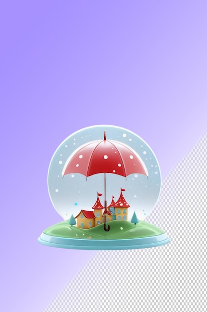 PSD a bubble with a house under it and a red umbrella