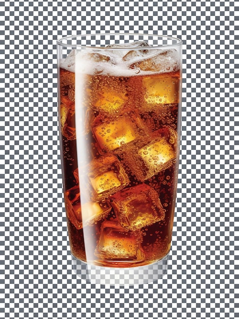 Bubbly cola drink in a glass with ice cubes on transparent background