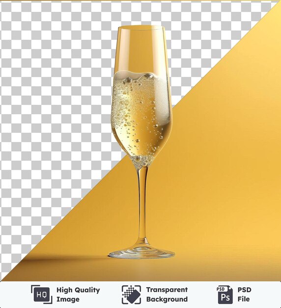 Bubbly glass of champagne on a table against a yellow wall with a thin stem visible in the foreground