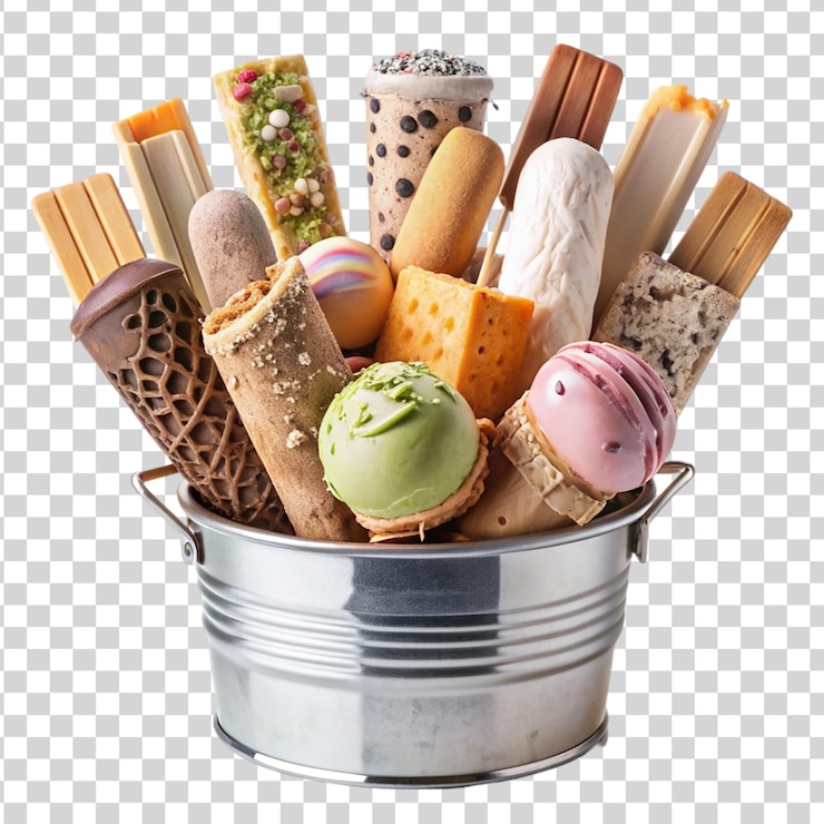 PSD bucket of assorted flavored ice cream bars transparent