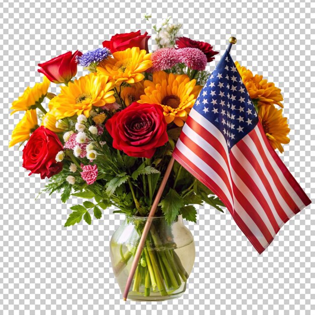 PSD bucket of flowers with american flag