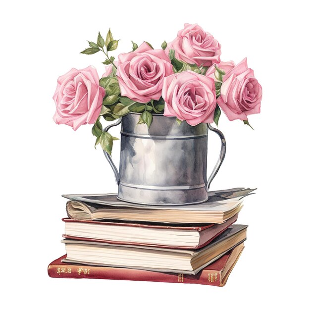 Ведро с розовыми розами на стопке книг изображение, созданное ai