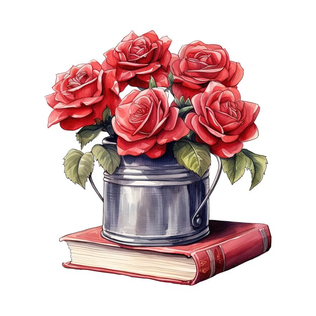 Bucket of Red Roses on a Stack of Books AI Generated Image