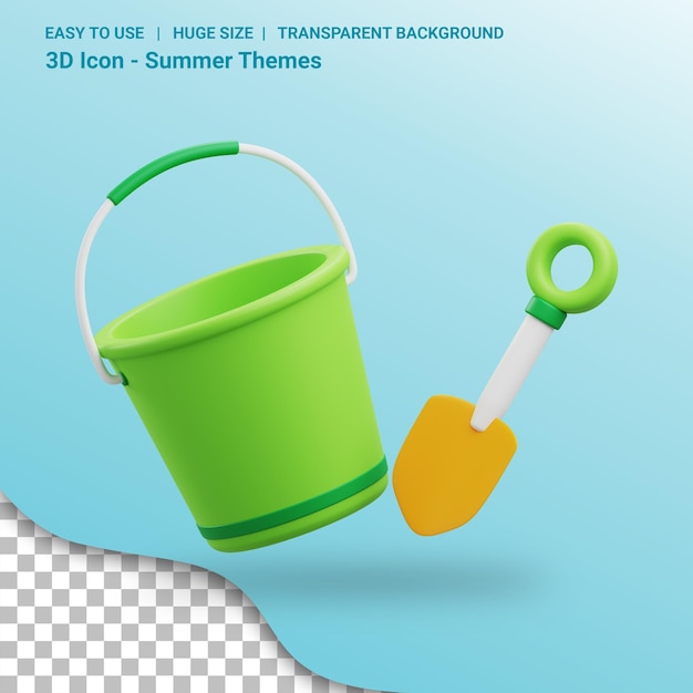 Bucket and shovel 3d illustration with transparent background