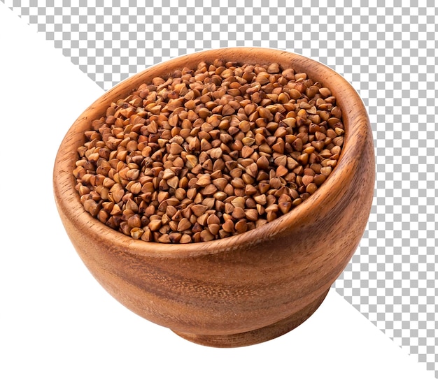 Buckwheat groats in wooden bowl isolated on white background with clipping path