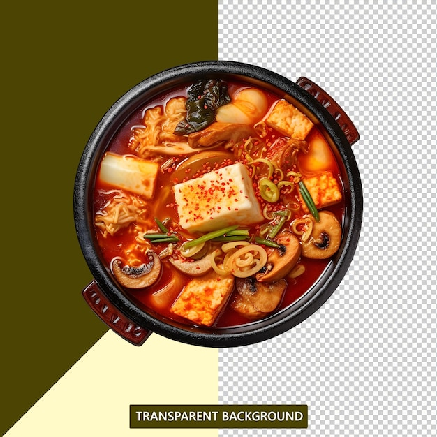 PSD 한국의 부대찌개는 투명한 배경 png 음식으로 뜨겁고 맛있게 제공됩니다.