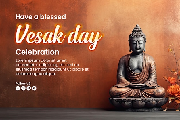 PSD buddha statue banner with the words happy vesak day on the side