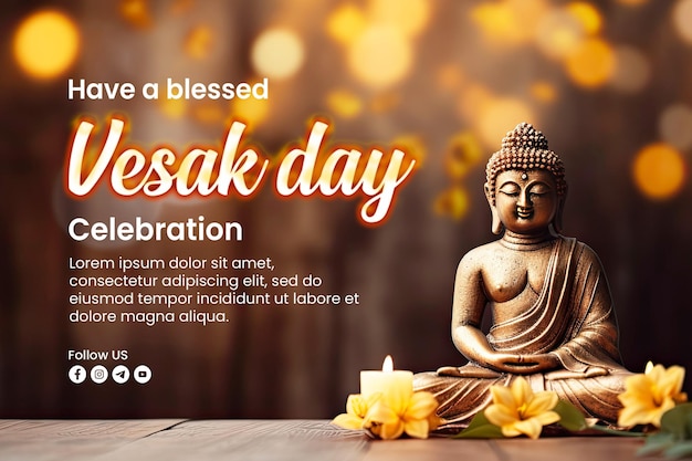 PSD buddha statue banner with the words happy vesak day on the side