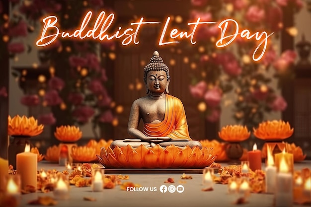 PSD Буддийский плакат дня поста со статуей будды на заднем плане