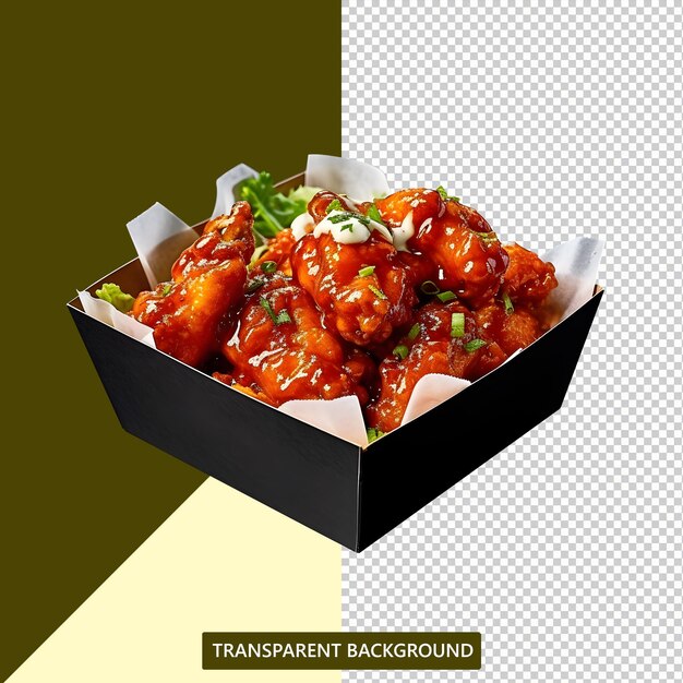 PSD buffalo chicken wings are served in a paper lunch box with herbs and spices