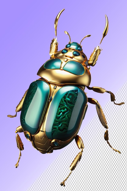 PSD a bug with a gold body and a green and gold leaf