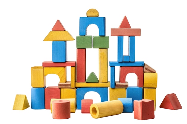 Building blocks arranged in a structure isolated on white background AIG57