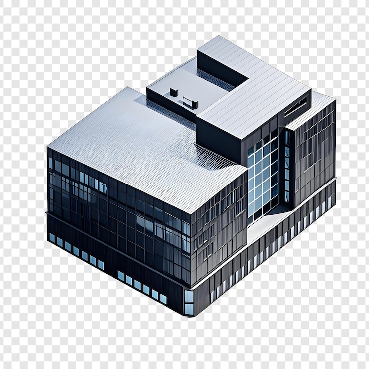 PSD 一棟有藍色屋頂,上面有黑色建築的建築