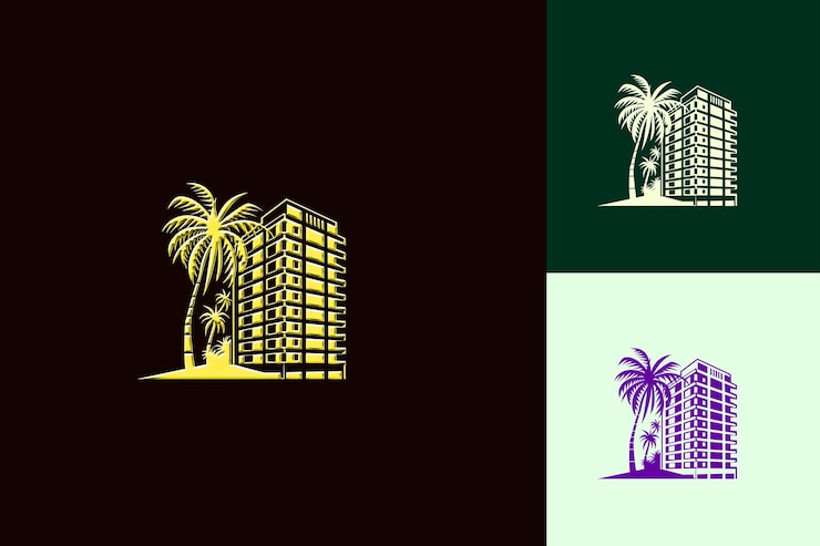PSD a building with palm trees and a building in the background
