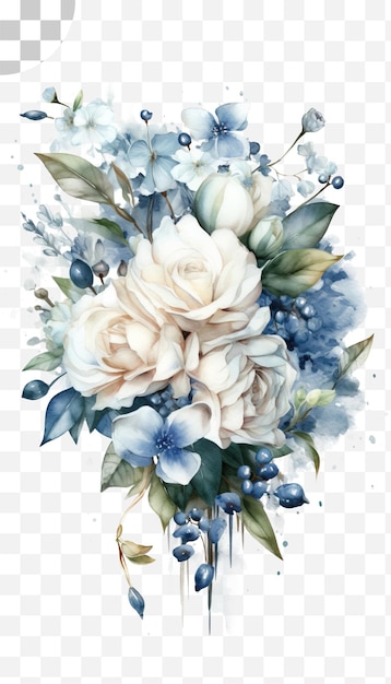 Bukiet kwiatów z niebieskimi jagodami i białymi kwiatami.