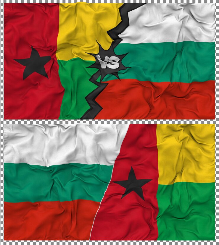 PSD bulgaria vs guinea bissau half combined flag cloth bump texture 3d rendering
