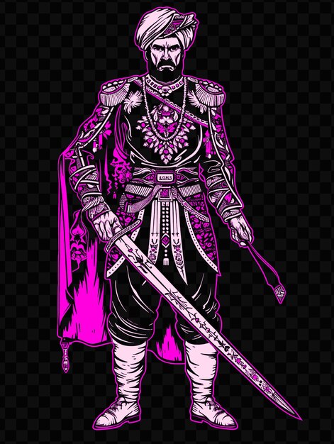 Bulgarian boyar with a saber standing in a formal pose stern tshirt design art tattoo ink outlines