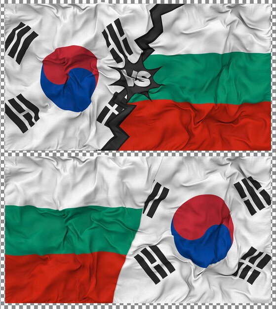 Bulgarije versus Zuid-Korea Half Combined Flag Cloth Bump Texture 3D Rendering