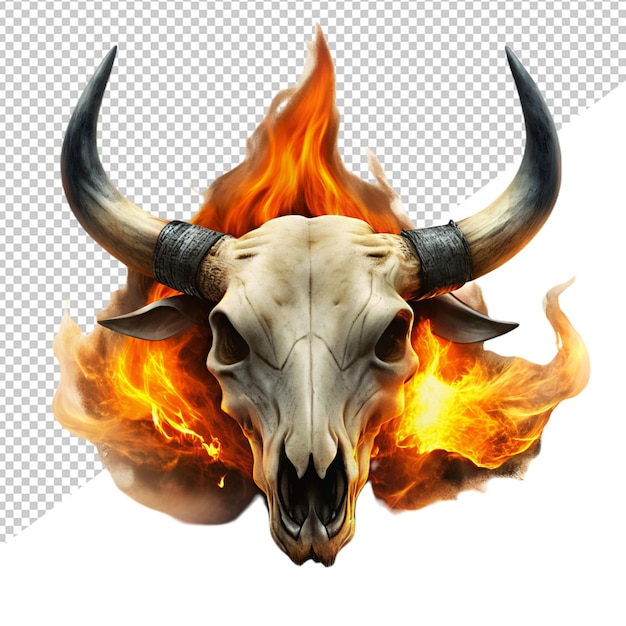 PSD cranio di toro bruciato nel fuoco su uno sfondo trasparente