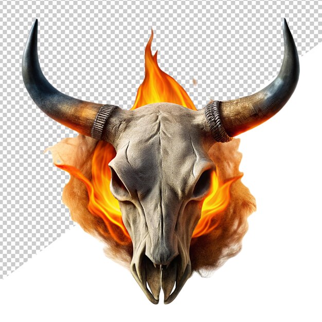 PSD bull skull burn in fire on transparent background