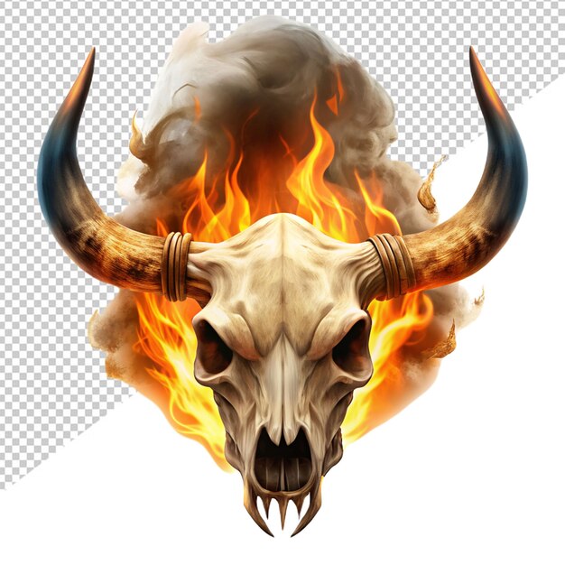 PSD bull skull burn in fire on transparent background