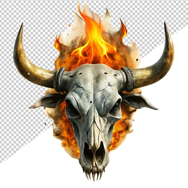 Bull skull burn in fire on transparent background