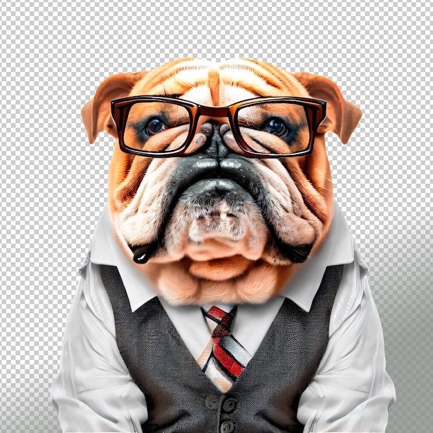 Bulldog in office uniform and glasses on a transparent background