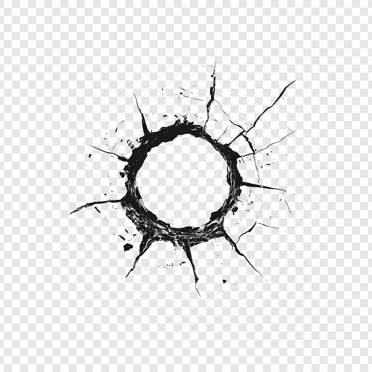 PSD bullet hole png with cracks and fractured edges transparent background