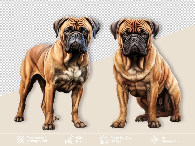 PSD bullmastiff dog sitting and standing isolated on transparent background