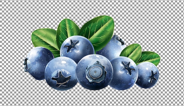 Bunch of blueberries with green leaves isolated on transparent background