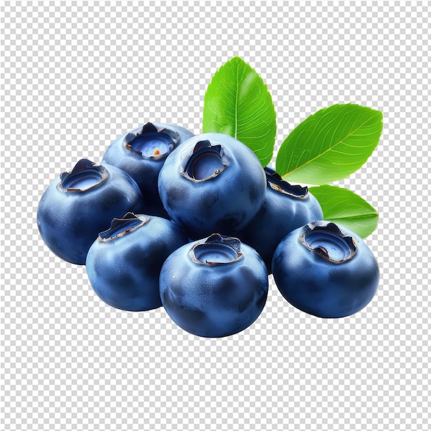 A bunch of blueberries with green leaves on a transparent background