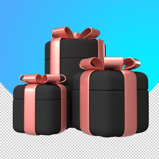 Bunch of gift black gift box red ribbon front view 3d rendering