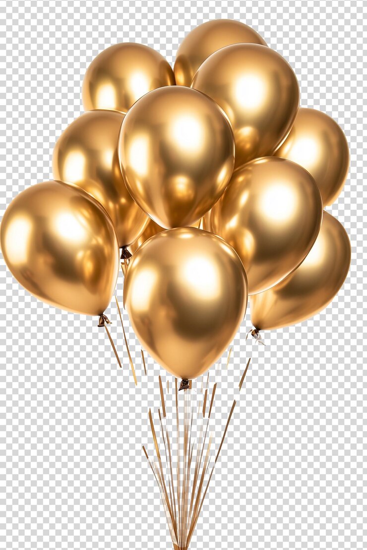 a bunch of gold balloons isolated on transparent background