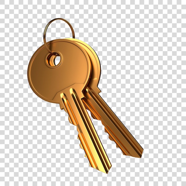 Bunch of golden keys with ring isolated on white background 3D render illustration