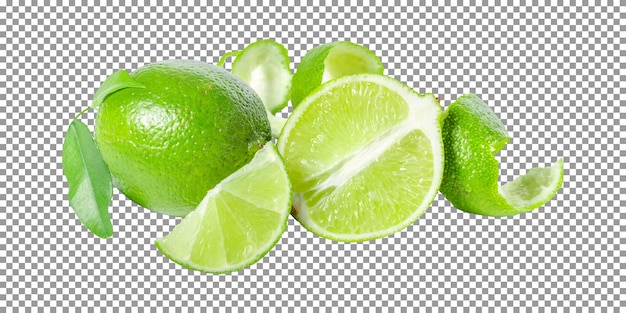 PSD a bunch of limes with the green leaves isolated on transparent background
