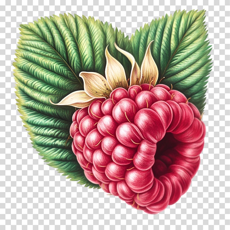 PSD a bunch of raspberries with a green leaf isolated on transparent background png cutout